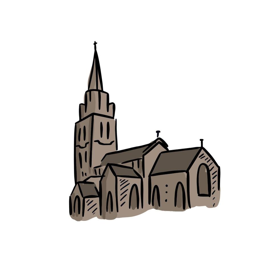 Church drawing sketch doodle. Coloured hand drawing of a building. vector