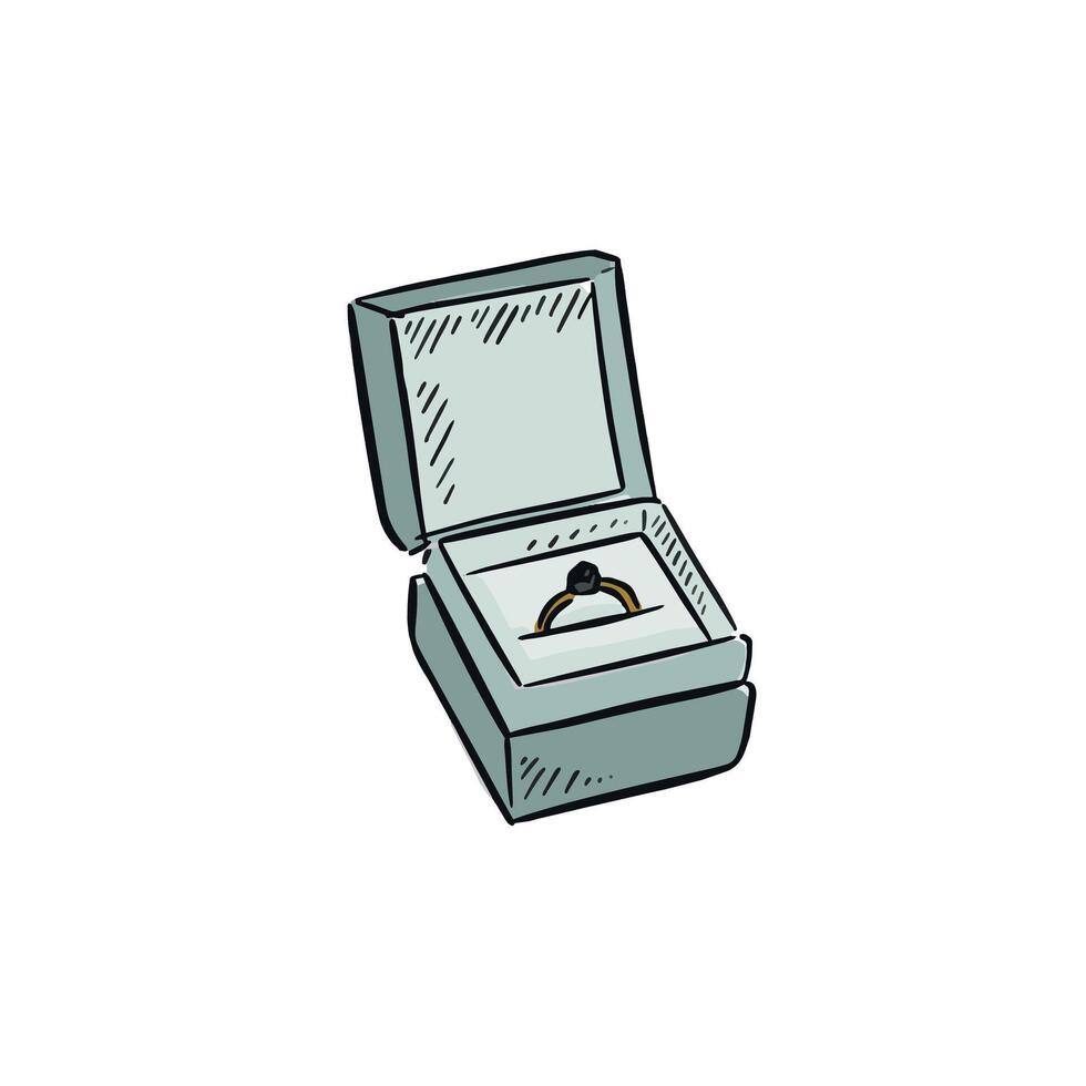 An engagement ring in a blue ring box. Hand drawn illustration. vector