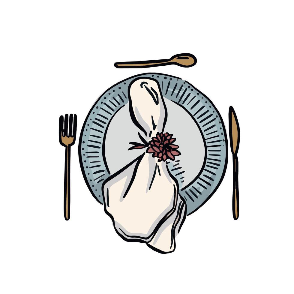 A blue plate with cutlery and napkin on the top. Wedding place setting example or a dinner party. vector