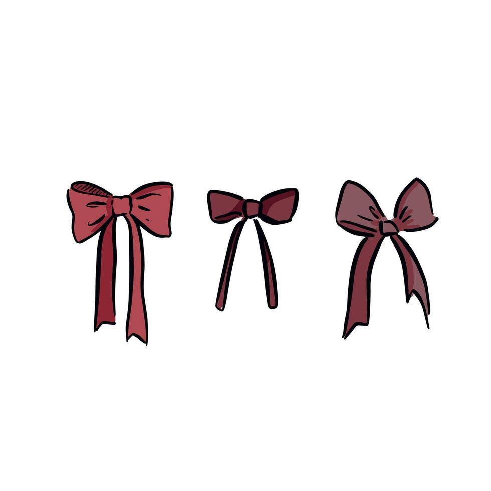 Three decorative bows hand drawn in a dark pink burgundy tone. vector