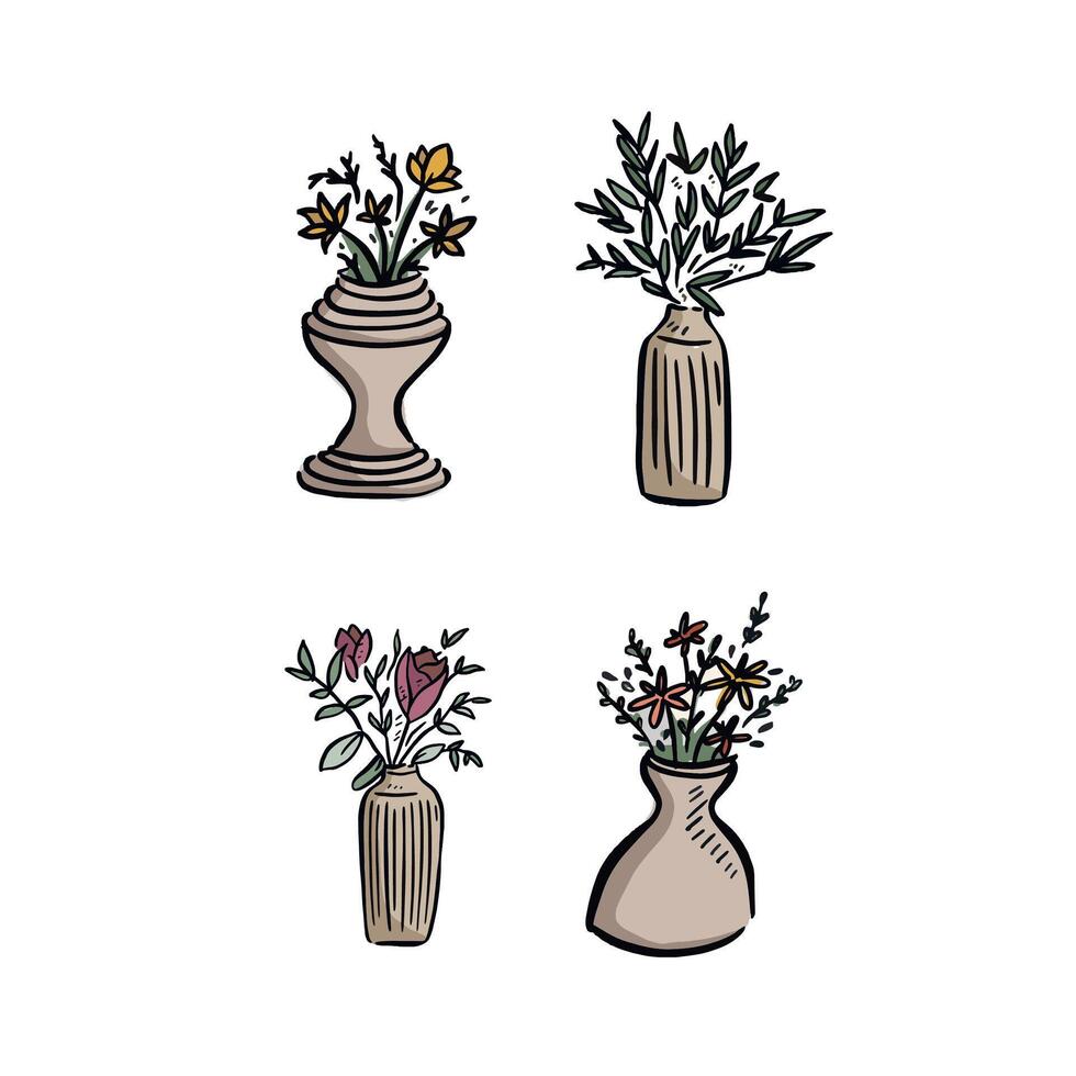 Four vases with flowers and greenery in. Hand drawn. vector