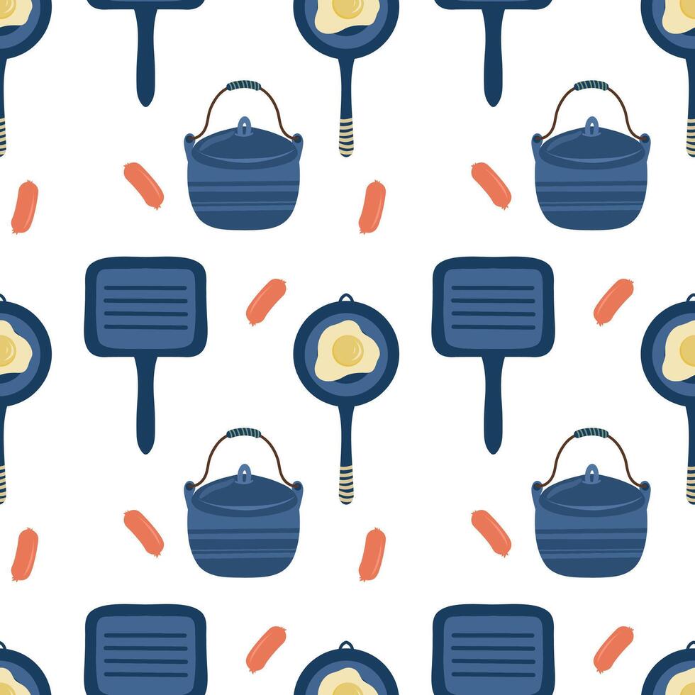 Kitchen Seamless pattern. Frying pan, saucepan, fried eggs, sausages. Cooking elements pattern vector