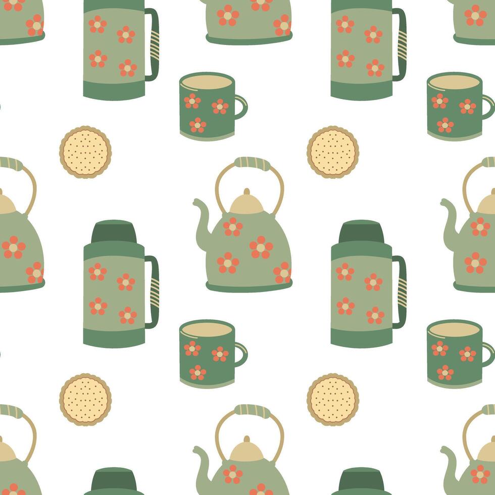 Tea time Seamless pattern. Thermos, teapot, mug and cookies. Retro tea elements pattern vector
