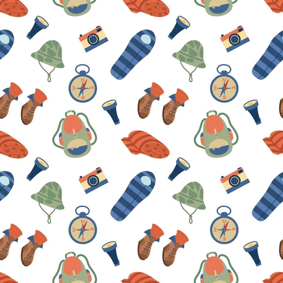 Camping seamless pattern, hiking and camping elements. Outdoors pattern vector