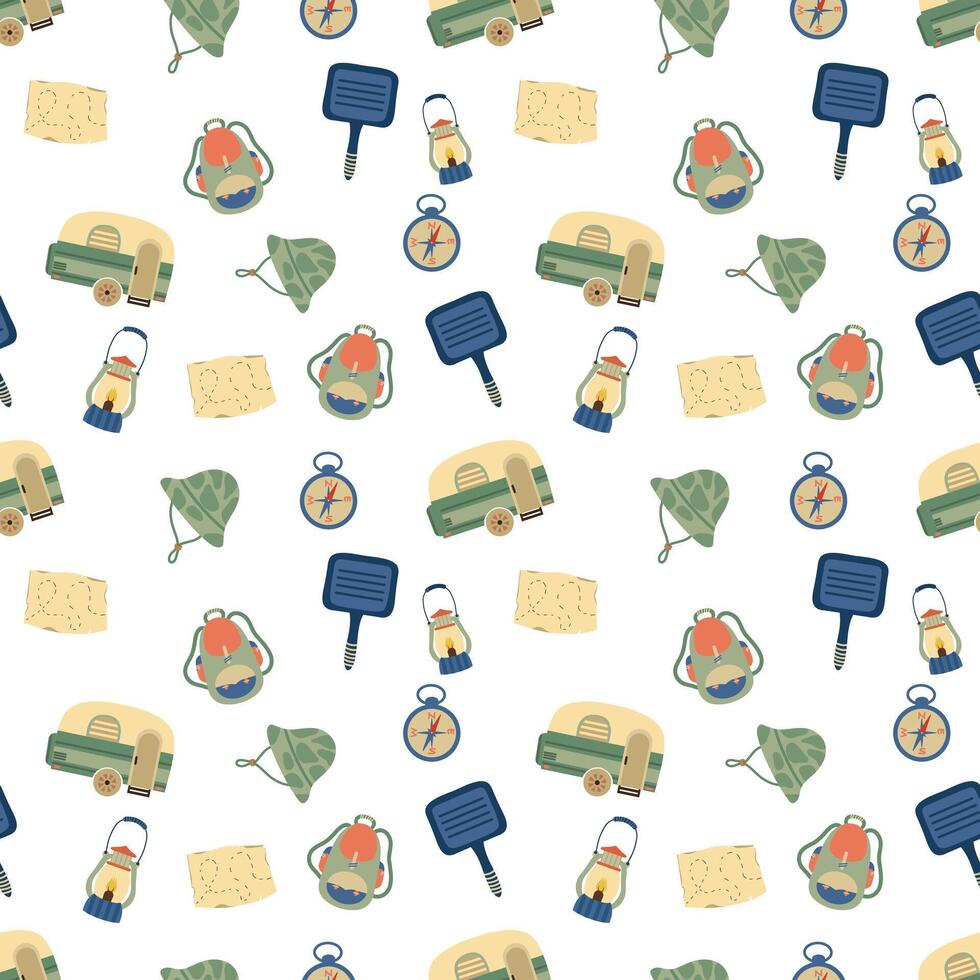 Camping seamless pattern, camping and hiking elements. vector