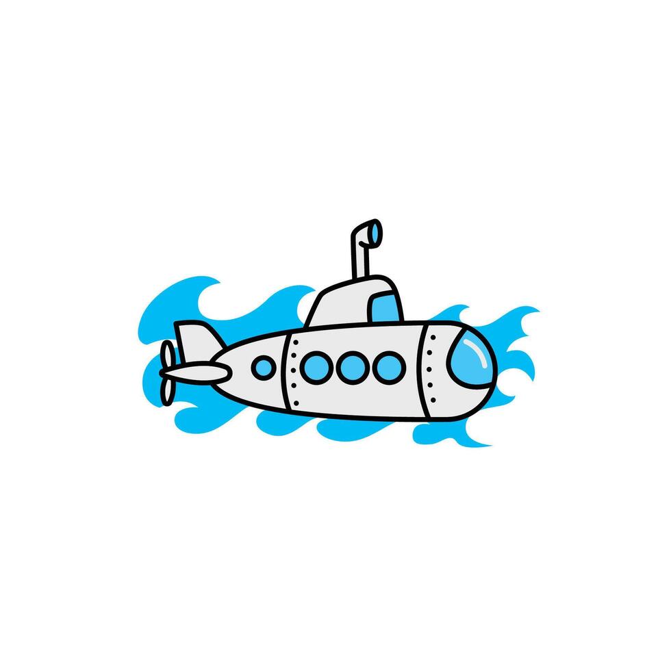 Cartoon Submarine Underwater with Blue Waves and Clear Background vector