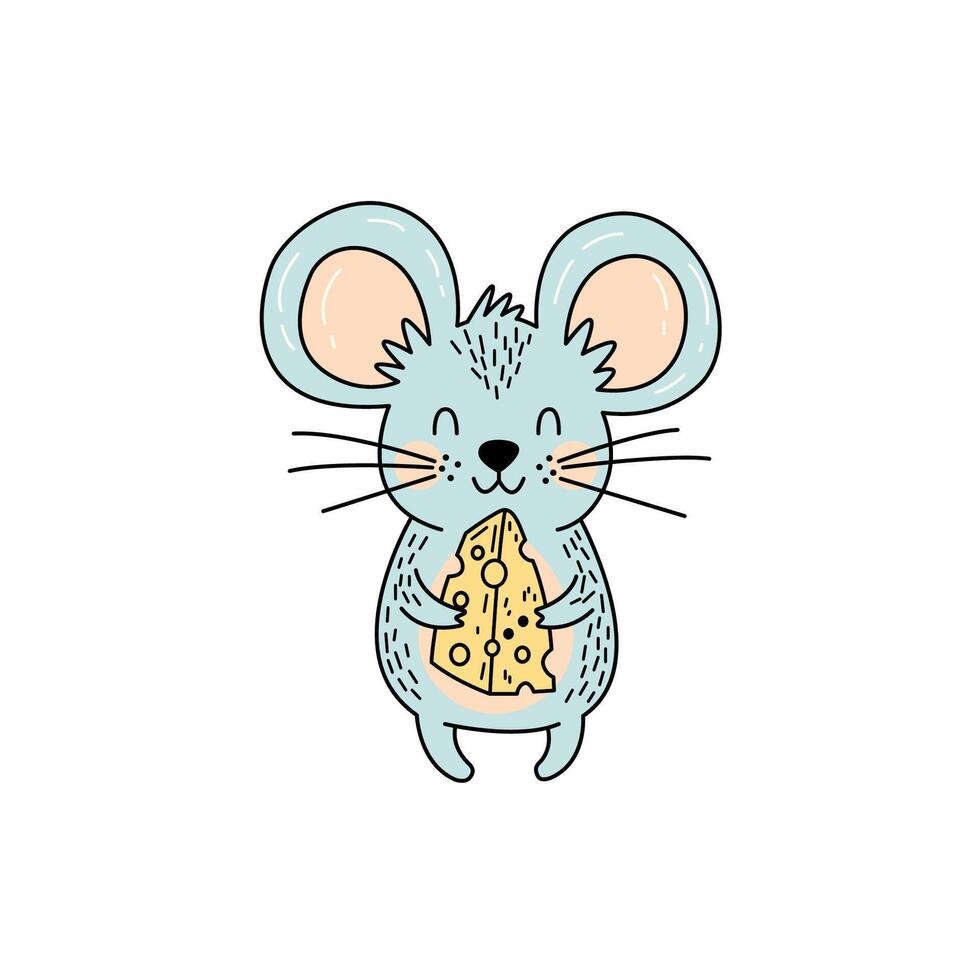 Cute cartoon mouse holding cheese with a joyful expression and big ears vector