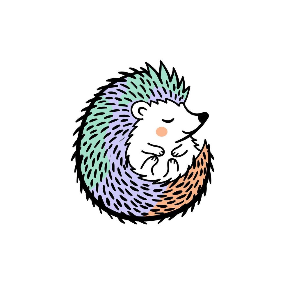 Cute cartoon hedgehog curled up in a colorful design illustration vector