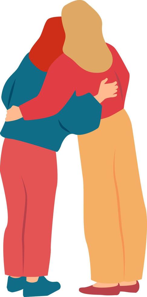 Two standing women hugging each other. vector