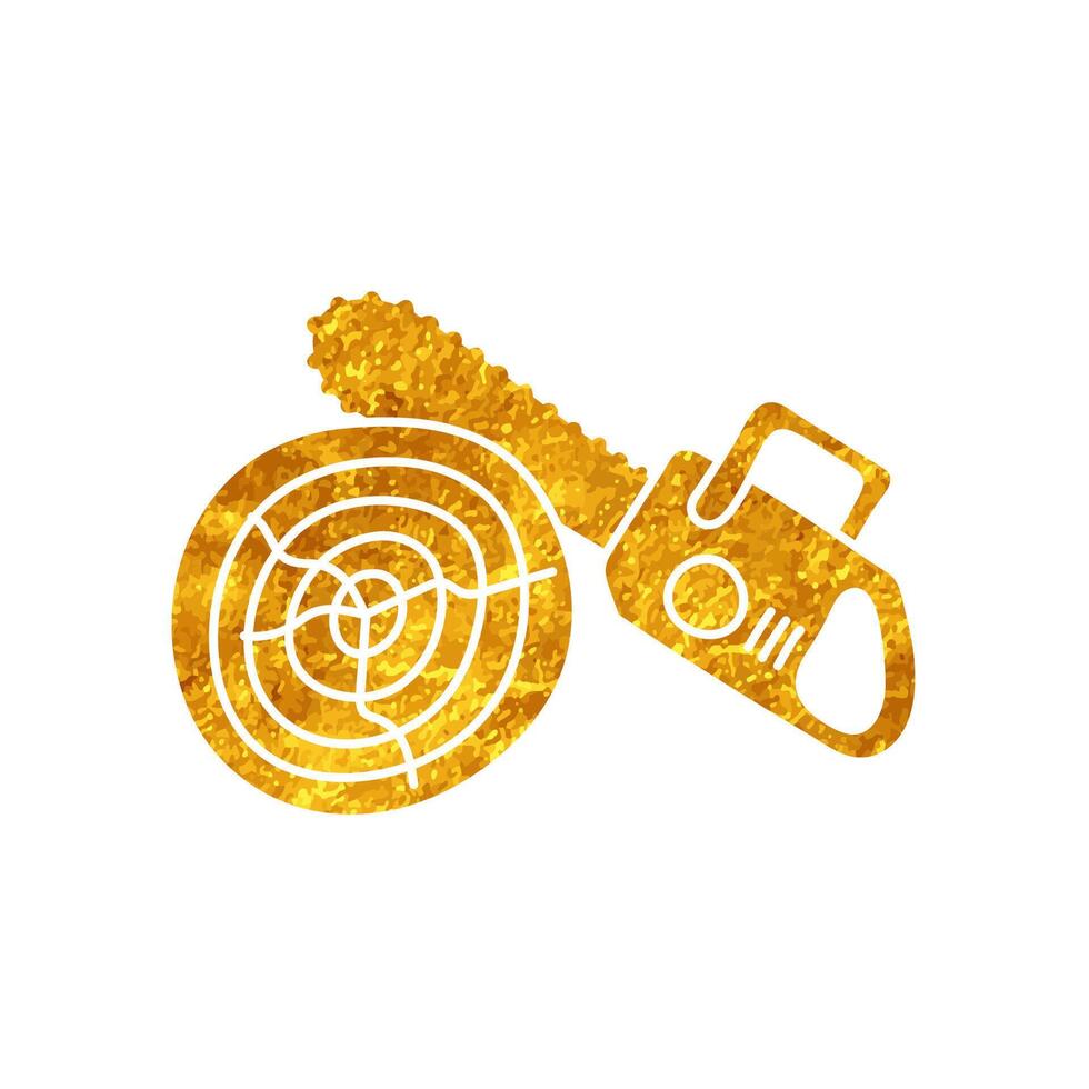 Chain saw cutting wood log drawing in realistic gold style vector