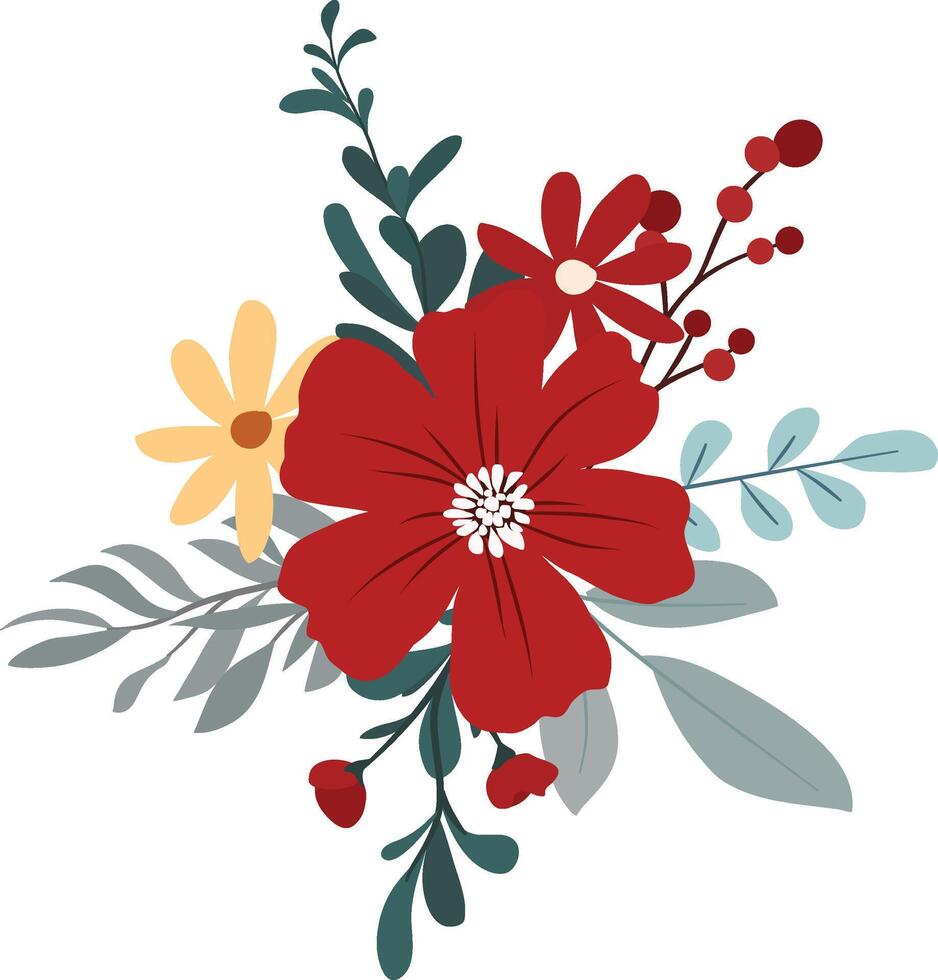 Boho Wildflower Pink and Red Bouquet for Invitations, Cards, and Wall Art vector