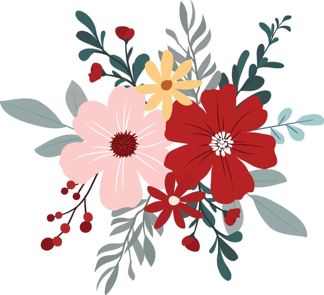 Wildflower Bouquet Pink and Red Watercolor Clipart for Invitation and Greeting Card Design vector