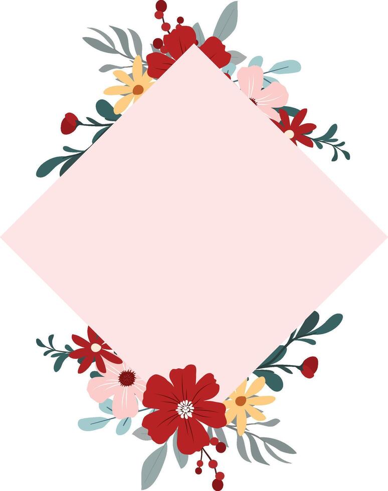 Rustic Wildflower Frame with Pink and Red Flowers for Wedding and Greeting Card Decoration vector