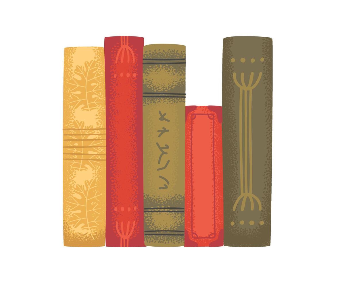 Set of old books with colorful spines. Vintage hand-drawn style. vector