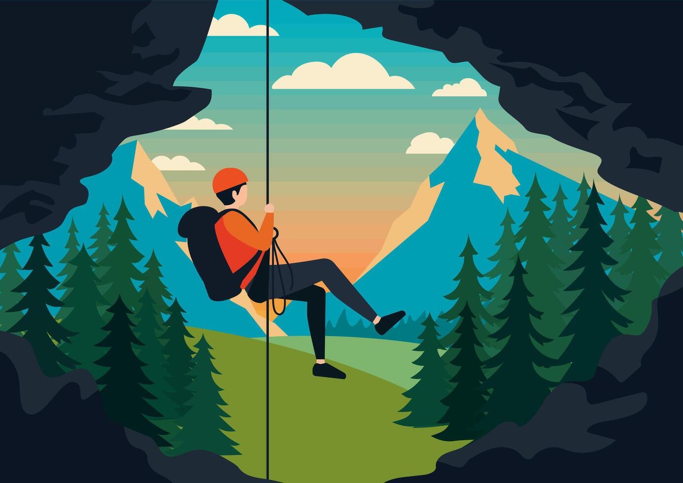 A climber descends on a rope against the backdrop of mountains and forest vector