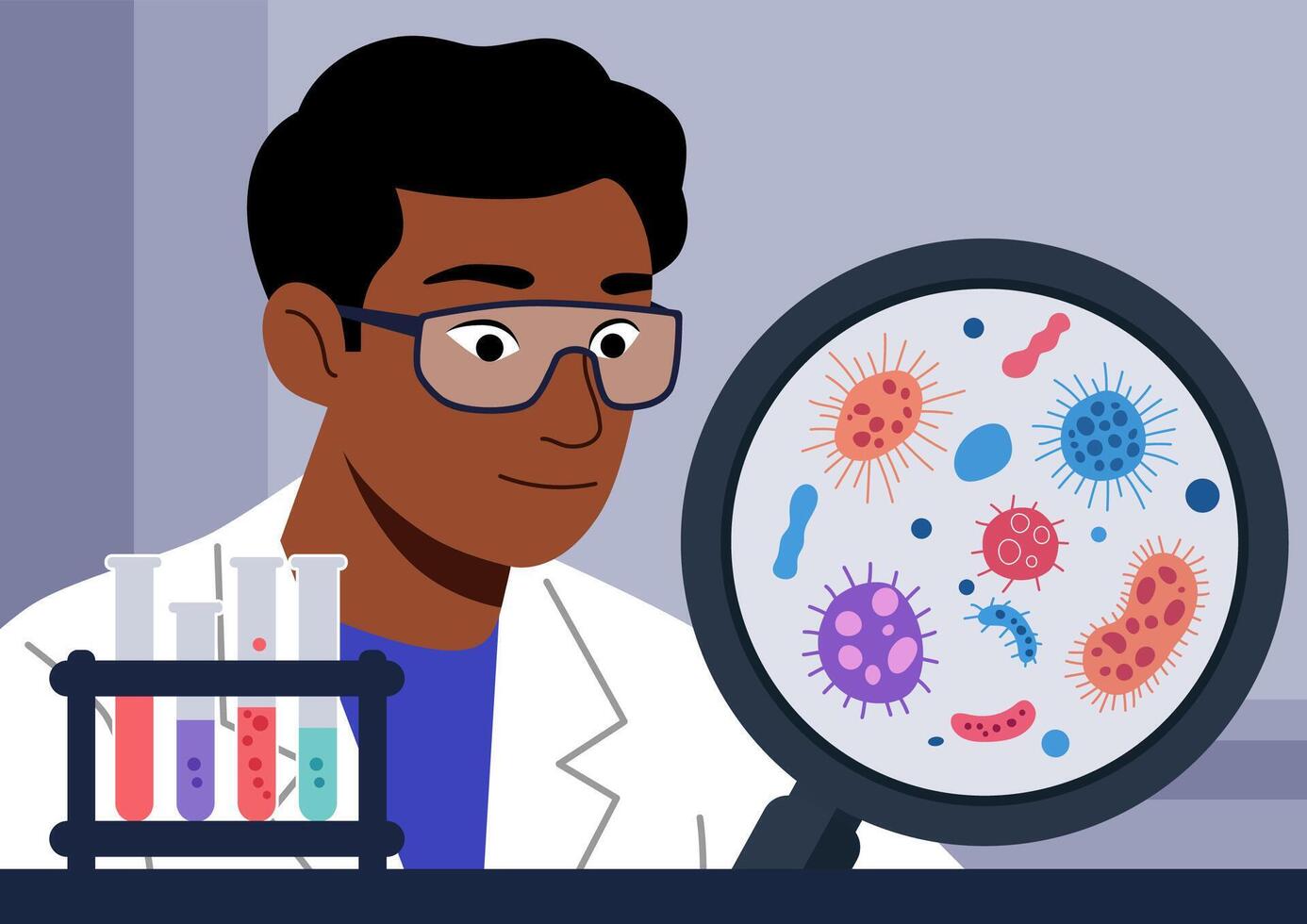 A young scientist looks at bacteria and viruses through a large magnifying glass vector