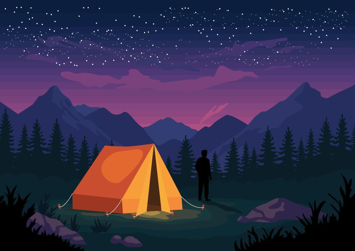 a tourist tent glows on the night taiga and starry sky vector