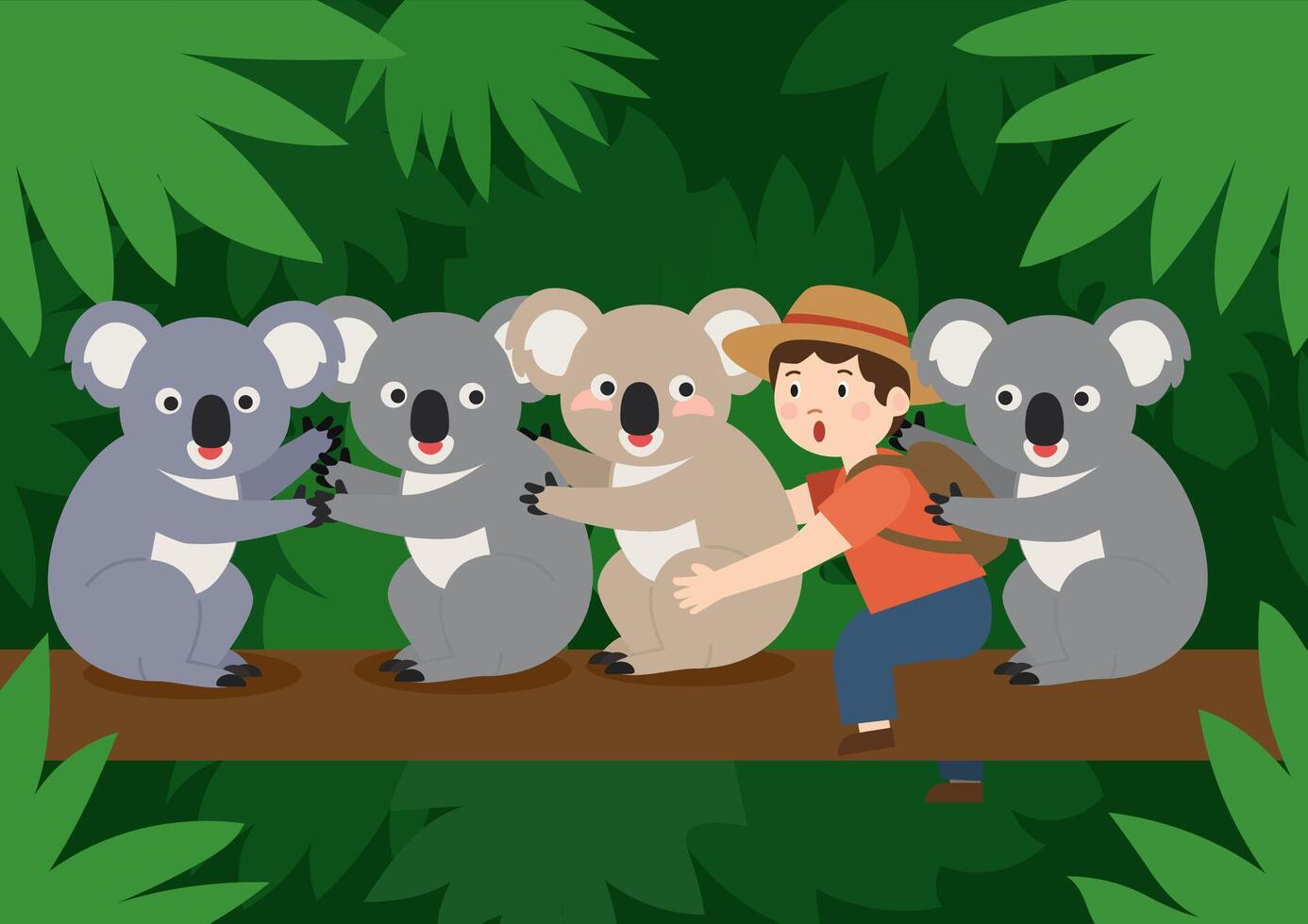 group of koalas and tourist wondering at each other, adventure concept vector