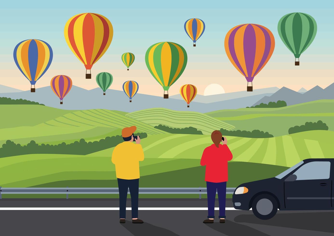 A couple watches from the track the flight of many hot air balloons vector