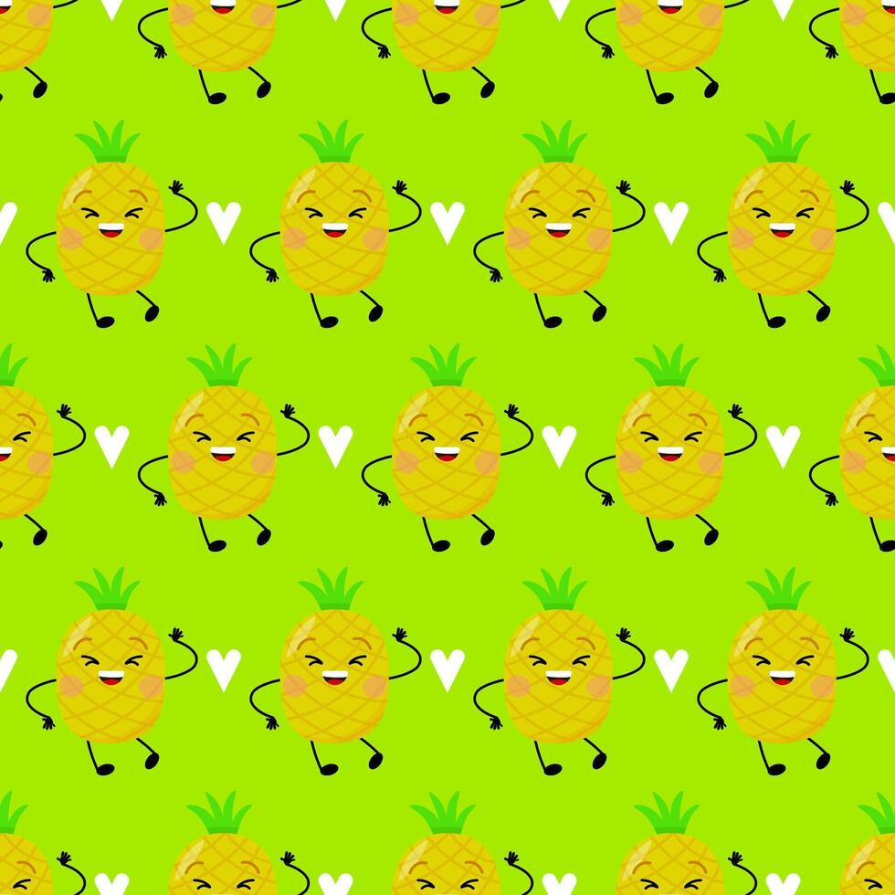 Cute pineapple character with hearts in seamless pattern on green background vector