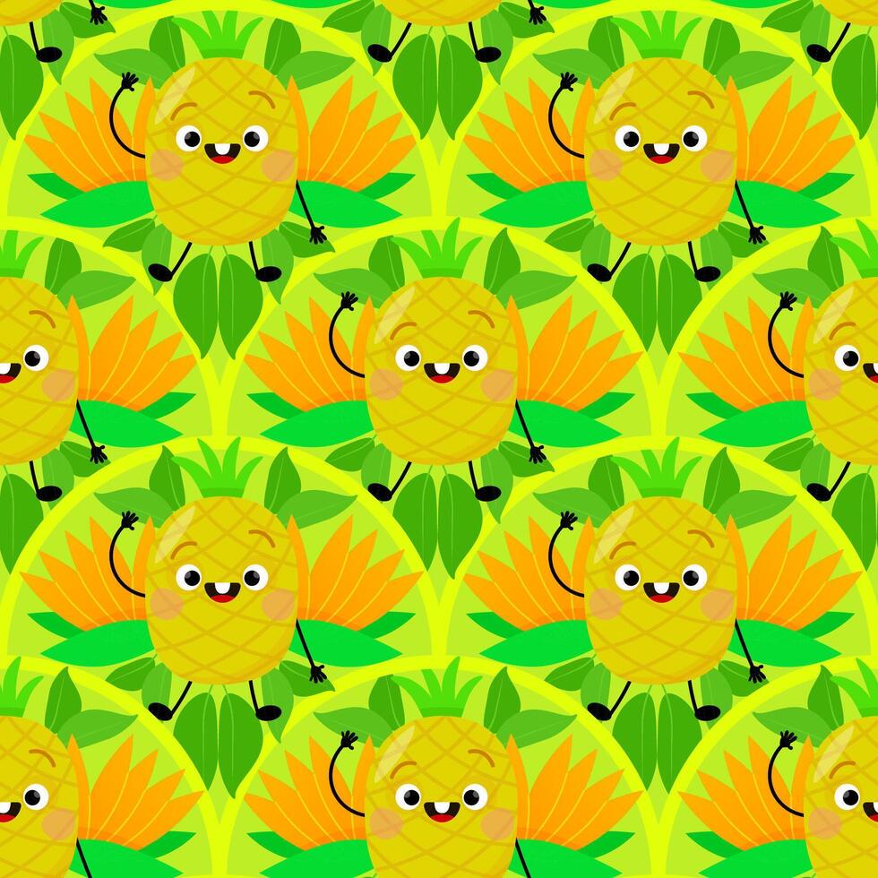 Cheerful smiling pineapple character in seamless pattern with leaves on green background vector