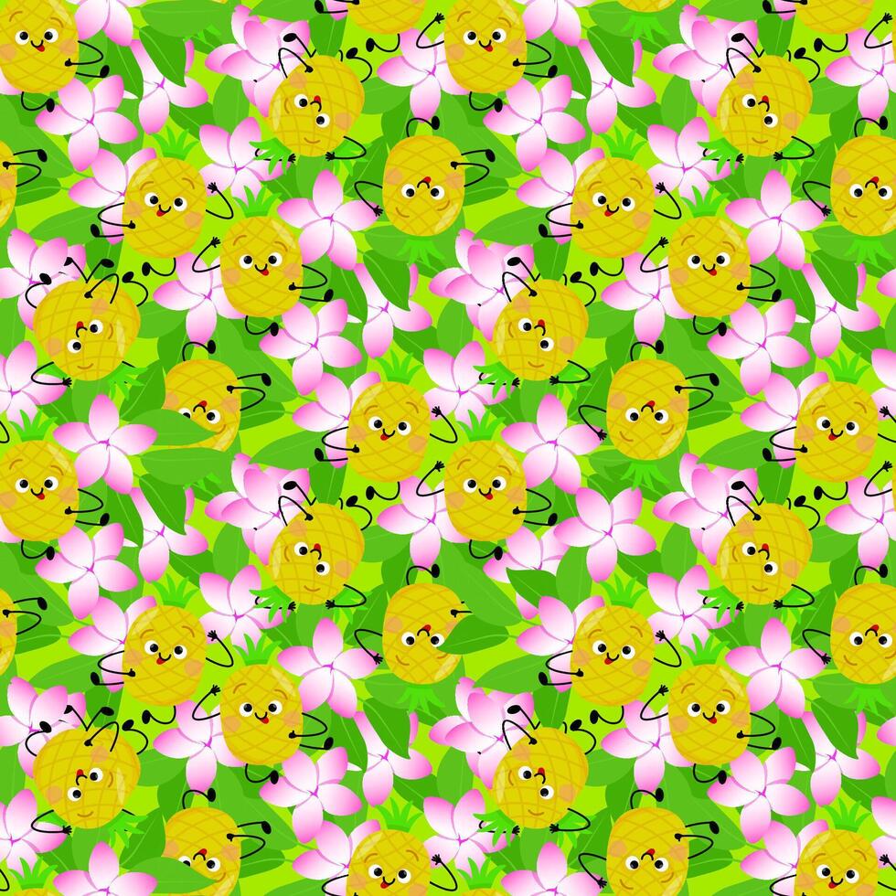 Cheerful smiling pineapple character in seamless pattern with tropical leaves and flowers on green background vector