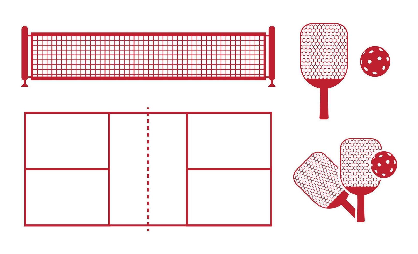 Pickleball Playing Icon, paddle, net, ball, racket, court. vector