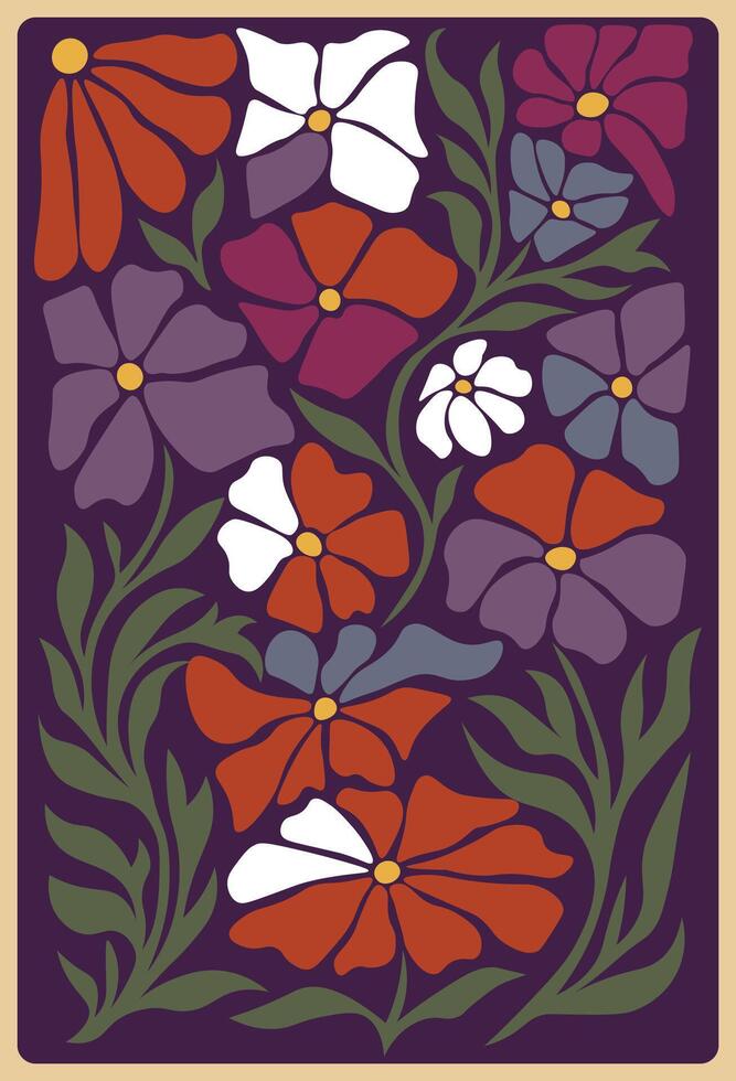 Vibrant botanical wall print blending 1970s flower power and modern aesthetic trends. vector