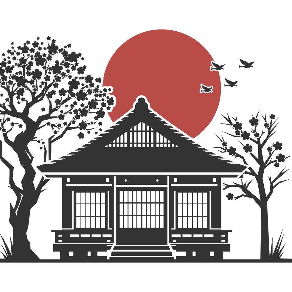 Traditional Japanese house scene with wooden structure, natural tones, and ideal for calm cultural designs. vector