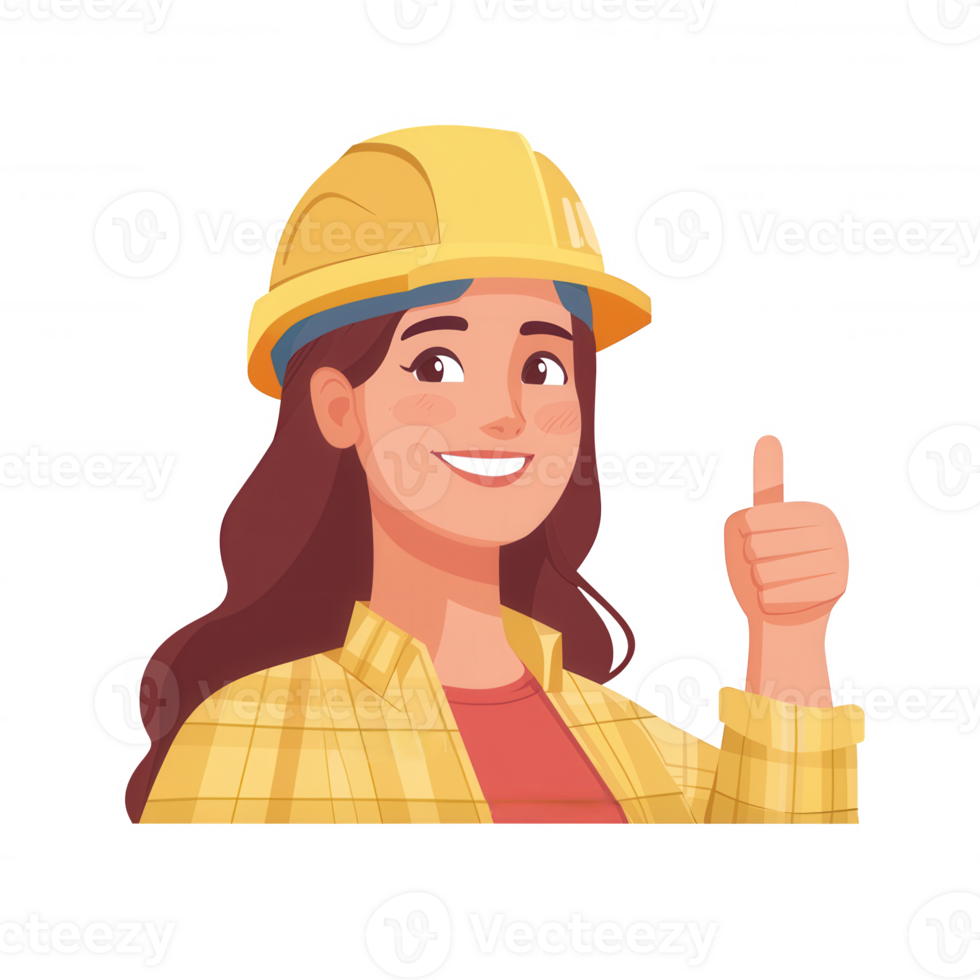 A cheerful female construction worker wearing a hard hat and thumbs up, symbolizing positivity and confidence in the working environment. png