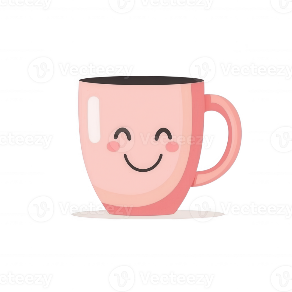 A cheerful pink mug with a smiling face, perfect for adding a fun touch to your kitchen or cafe. Ideal for graphic designs and illustrations in various creative projects. png