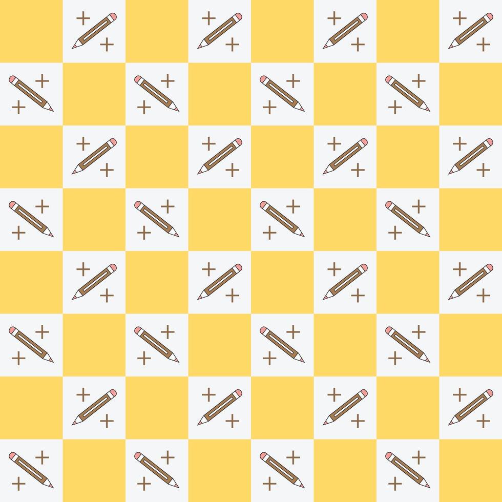 Yellow Checkered Seamless School Pattern with Pencil and Plus Icons vector