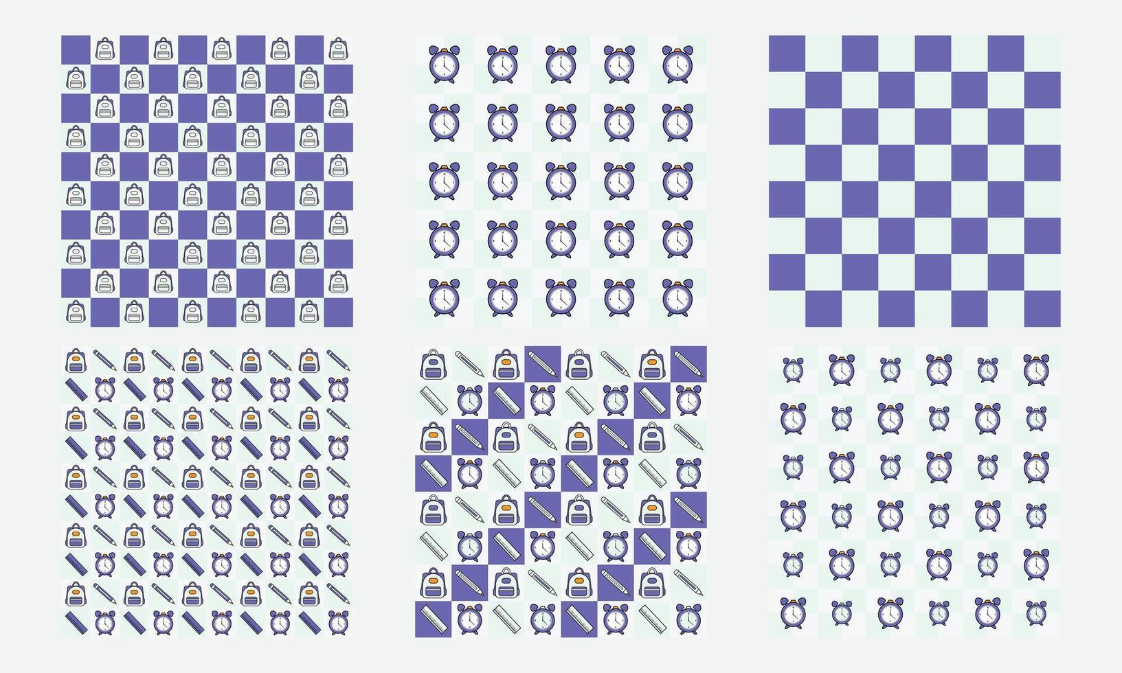 Seamless Checkered School Pattern with Cute Clocks, Backpacks, Pencils, and Rulers vector
