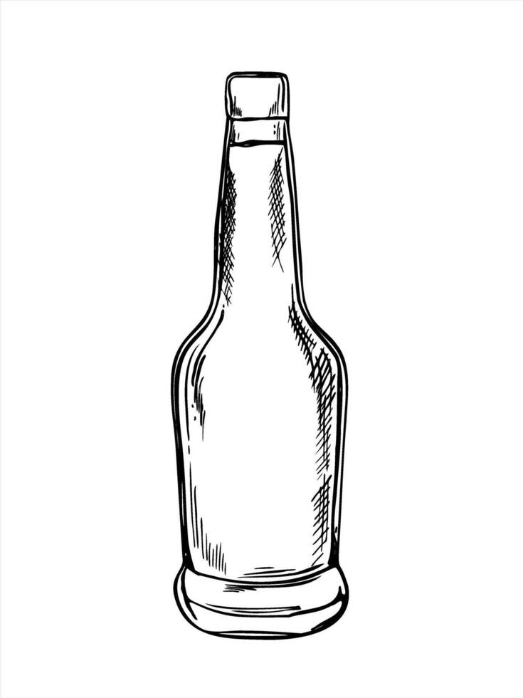 Sleek open bottle with long narrow neck and gently widening base monochrome illustration. Bottle for limoncello, vodka, or lemonade. For beverage branding, cocktail menu, alcohol packaging. vector