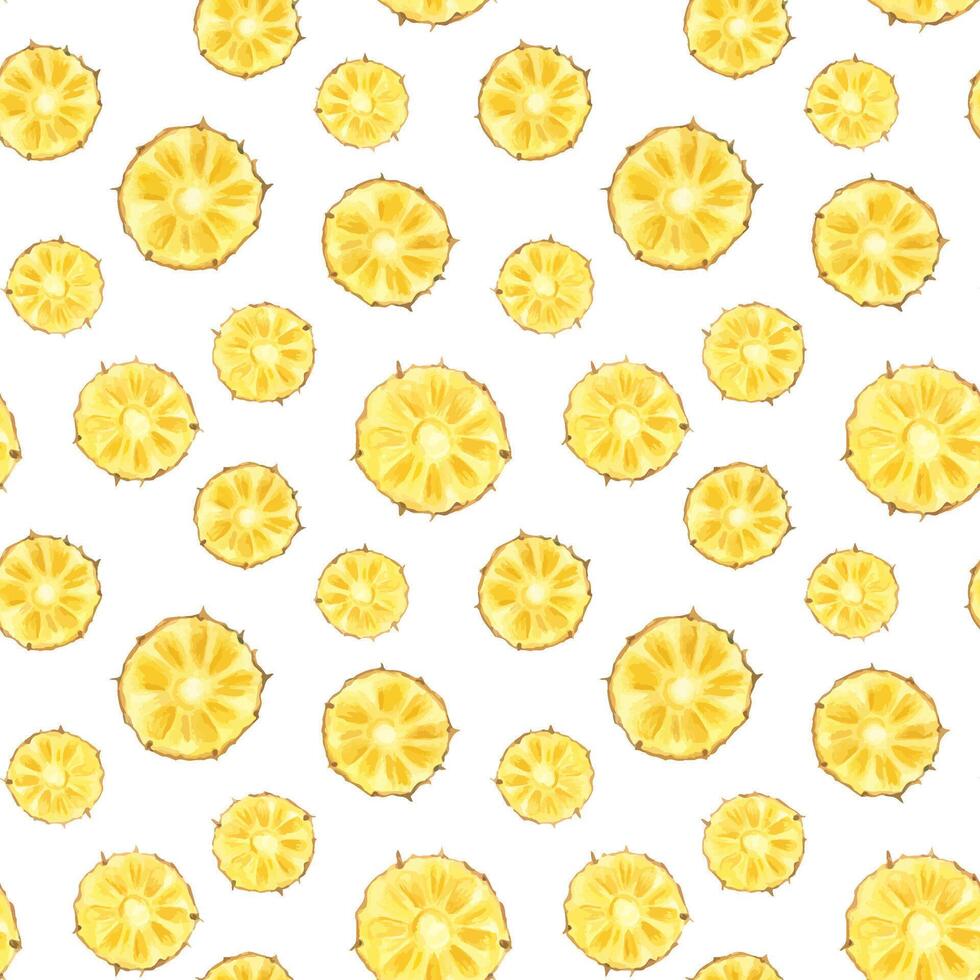 Juicy yellow ananas slices watercolor seamless pattern isolated background. Hand painted sunny tropical cross section pineapple illustration for food packaging, summer designs, kitchen decor vector