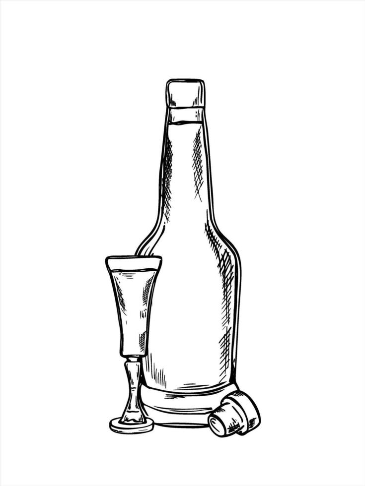 Open liquor bottle with cork, stemmed shot glass monochrome illustration painted by black inks. Beverage composition for alcohol branding, bar menus, craft packaging, mixology design vector