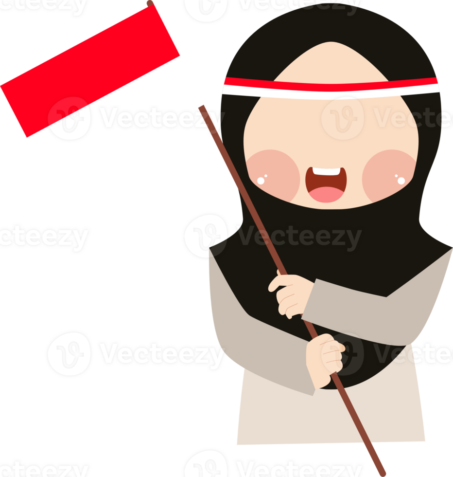 Cute Indonesian Muslim Girl Holding National Flag Celebrating Independence Day png