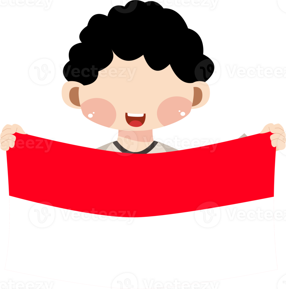Cute Cartoon Boy Holding the Indonesian Flag with a Happy Smile png