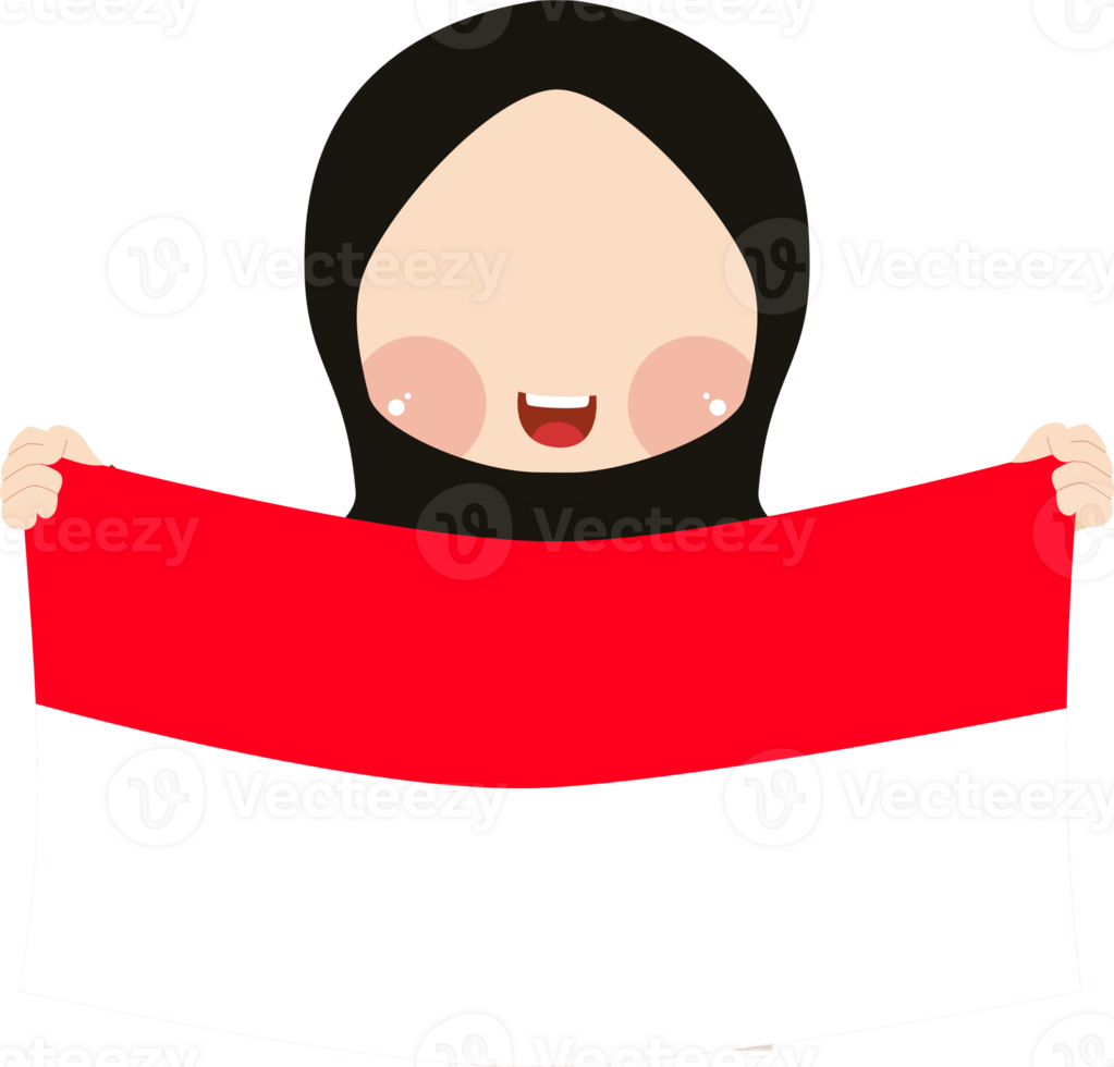 Happy Muslim Girl Holding Indonesian Flag with Both Hands png