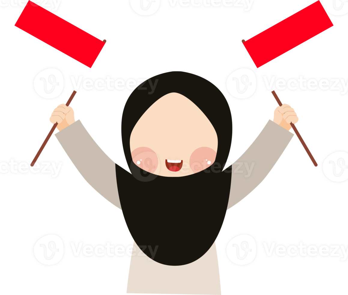 Joyful Muslim Girl Holding Two Indonesian Flags in a Festive Pose png