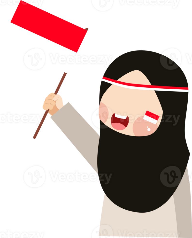 Excited Muslim Girl Waving Indonesian Flag with Headband and Face Paint png