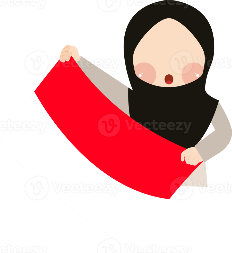Surprised Muslim Girl Holding a Large Indonesian Flag png