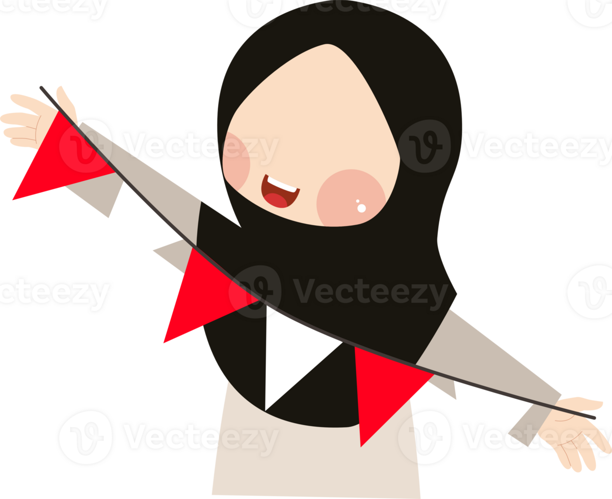 Happy Muslim Girl Holding Red and White Bunting Flags in Celebration Pose png