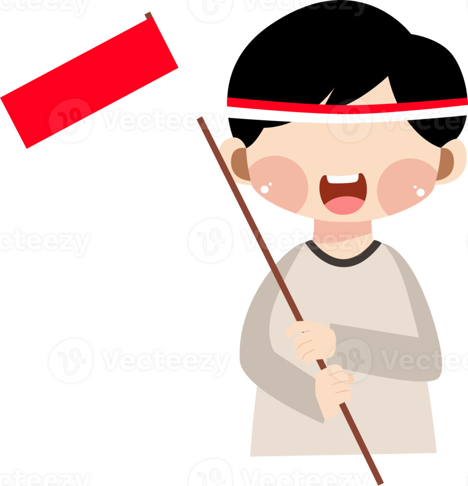 Cartoon Boy Smiling While Holding Indonesian Flag and Wearing Headband png