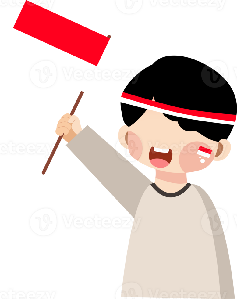 Excited Indonesian Boy Holding Flag and Wearing Headband for Independence Day png