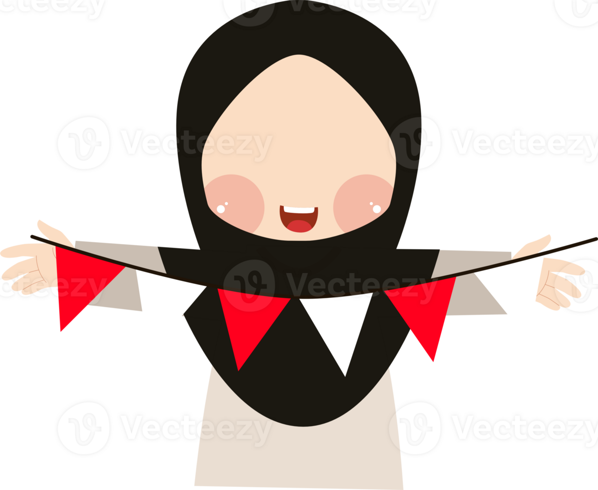 Cartoon Muslim Girl Holding Red and White Bunting Flags with a Cheerful Smile png