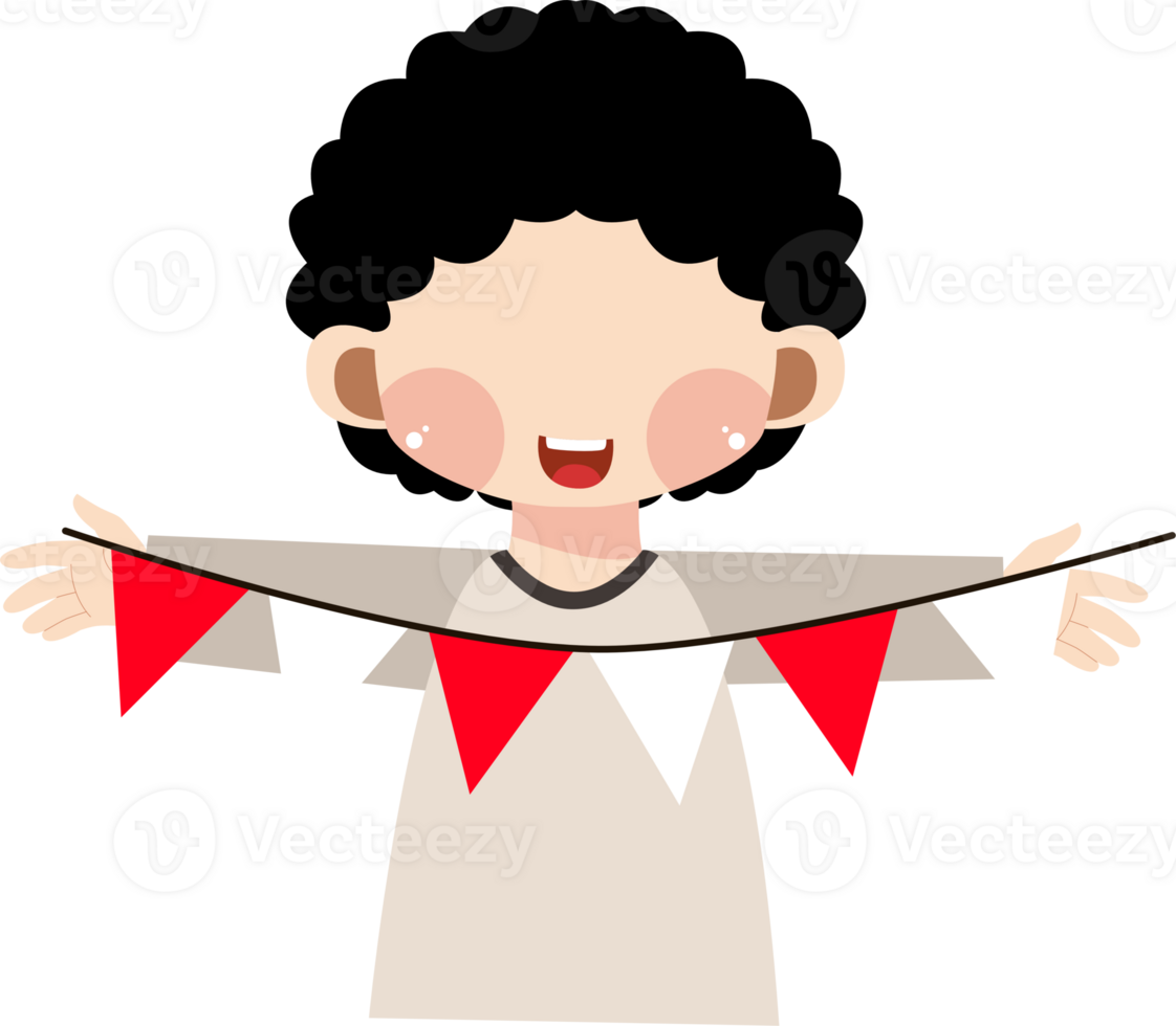 Cartoon Boy Smiling While Holding Red and White Bunting Flags for Celebration png