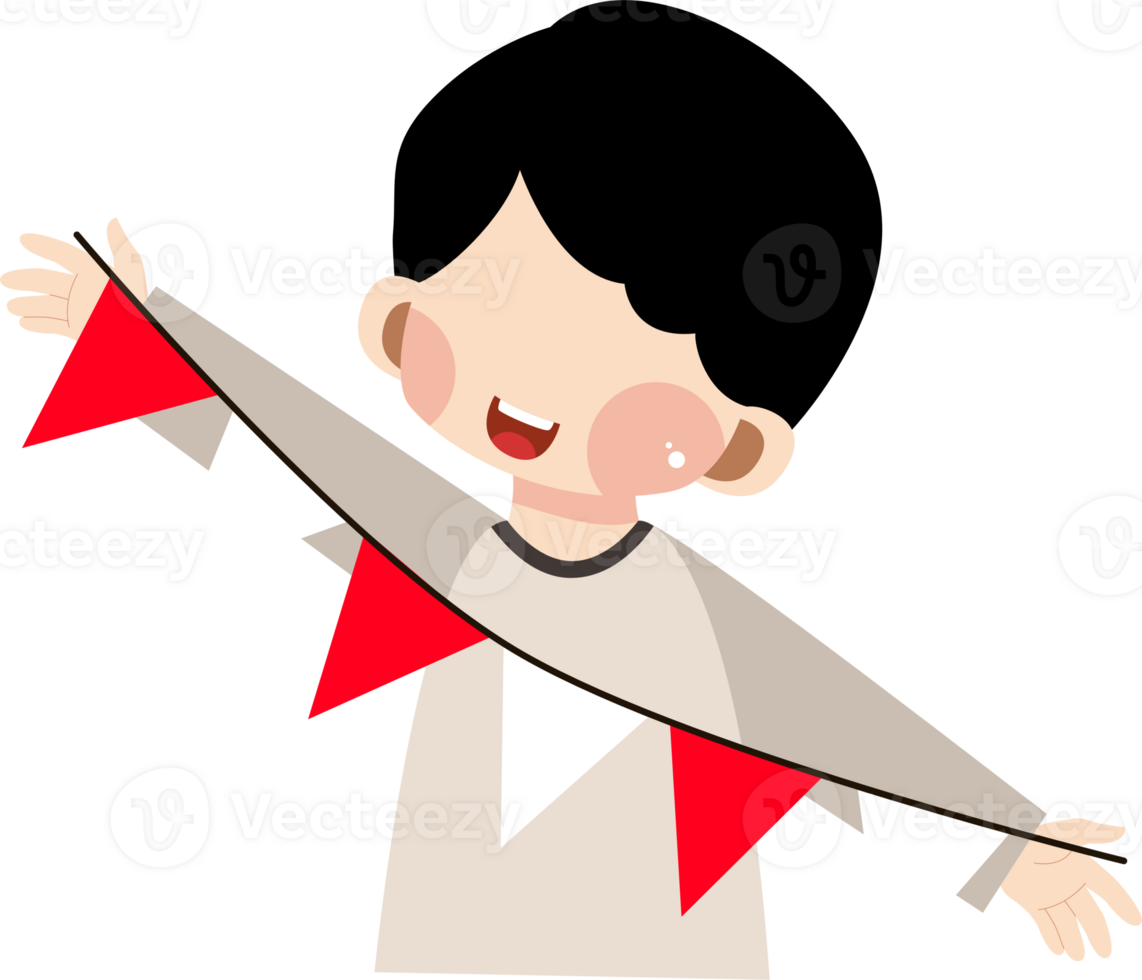 Cheerful Cartoon Boy Holding Red and White Pennant Flags for Celebration png