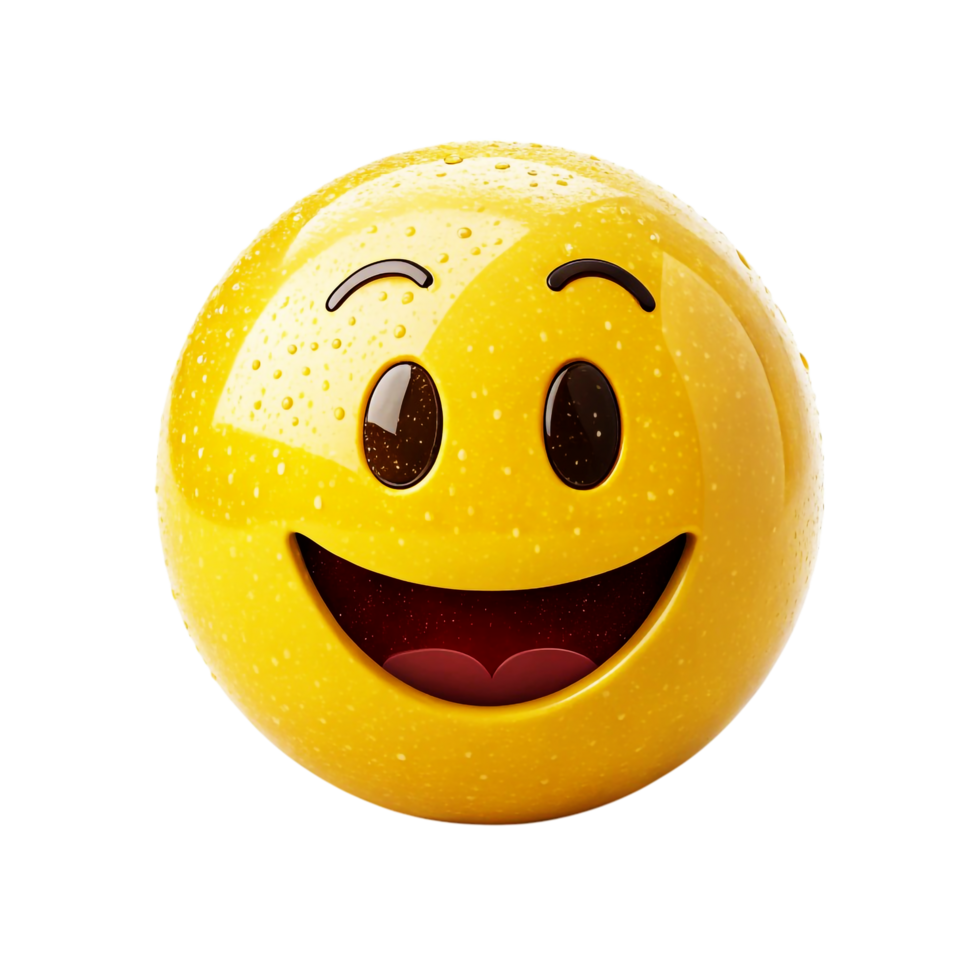 A bright yellow emoji with water droplets glistening on its surface and a wide happy smile png