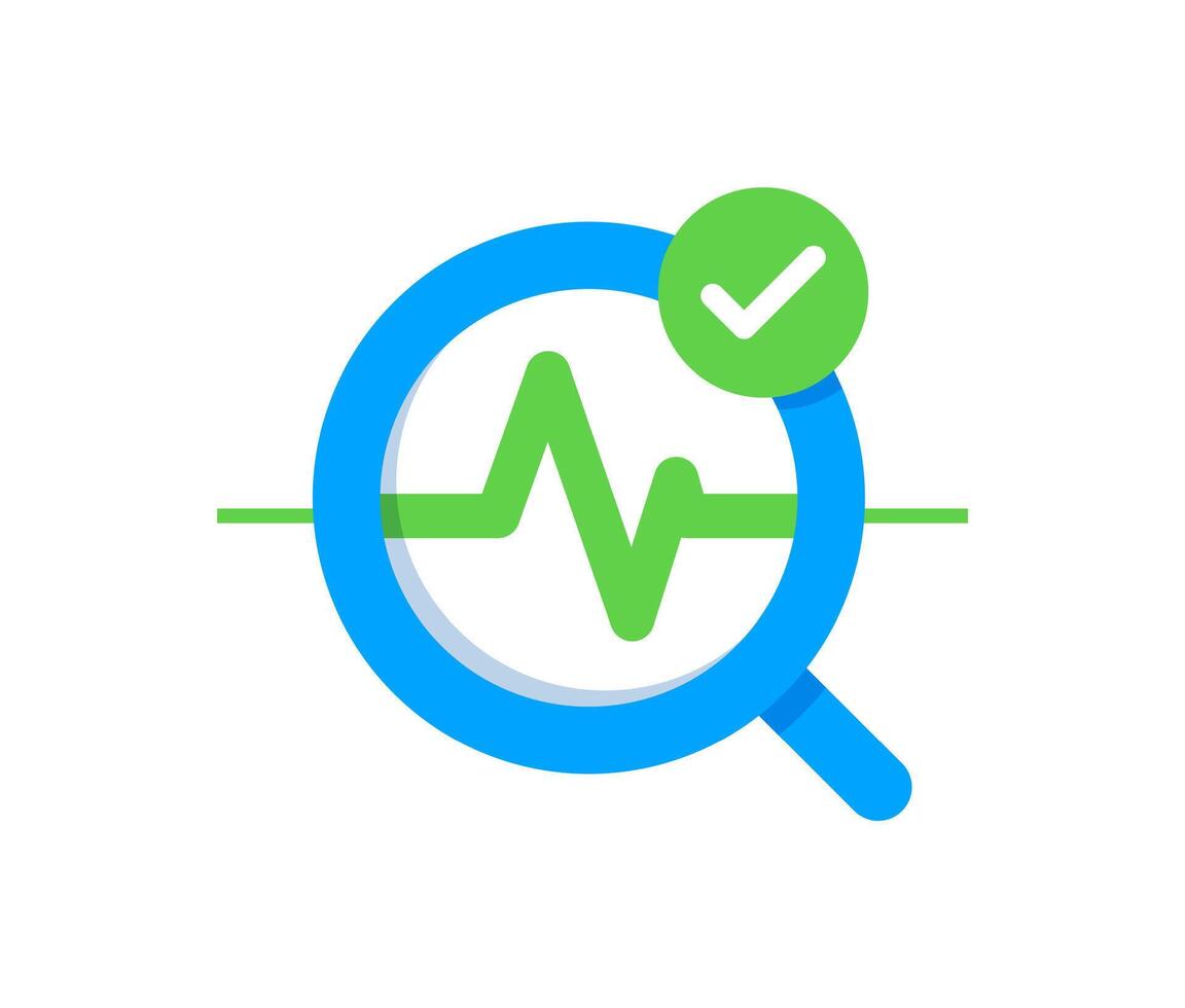 magnifying glass with a waveform graph and check mark. health tool app. concepts of health tracking, medical diagnostics, fitness analysis vector